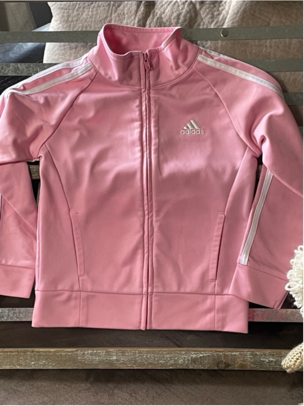 Adidas Girls Pink Tricot Track Jacket White 3-Stripes Full Zip Size 4